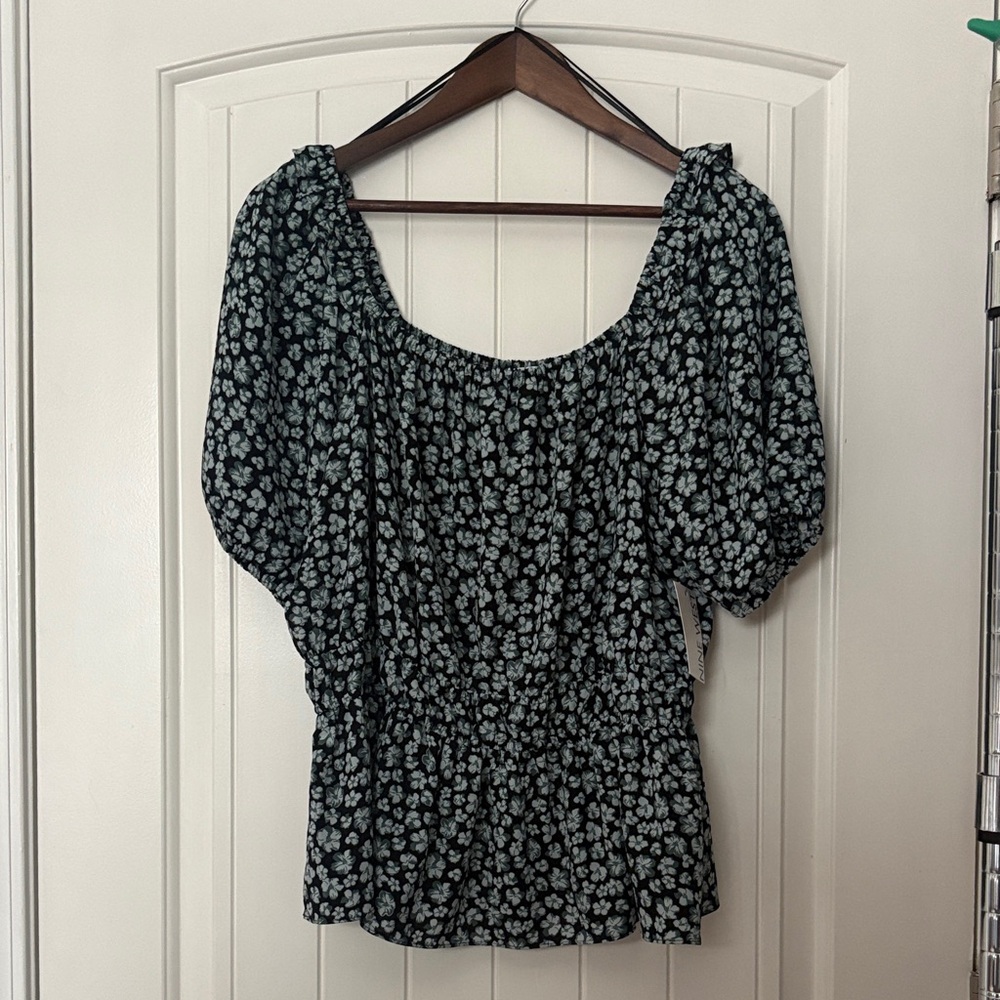 Nine West XL Black Floral Peasant Top Smocked Waist Puff Sleeve